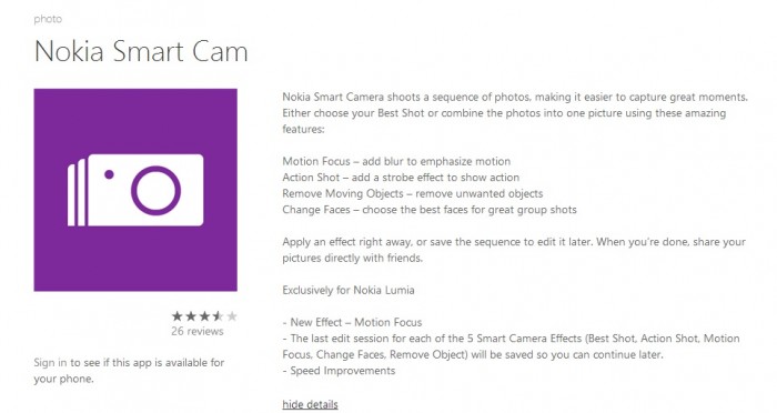 Nokia Smart Cam en el Market pero sólo para Lumia Amber