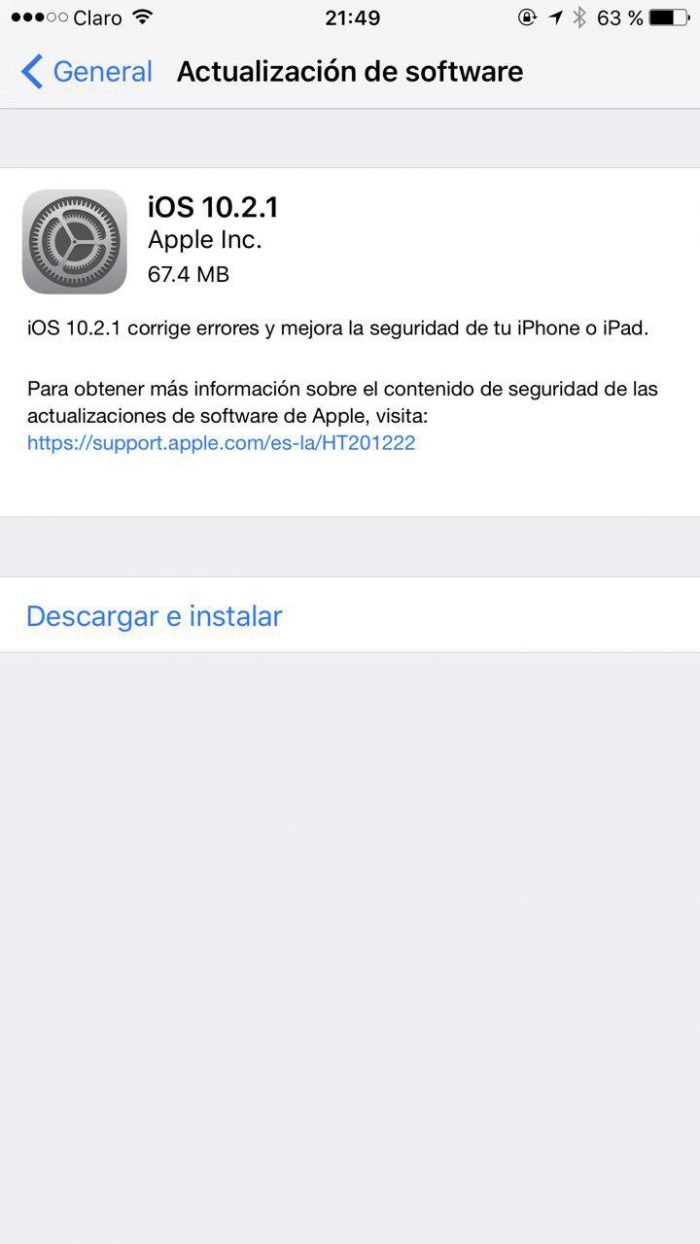 nueva actualización ios 10.2.1
